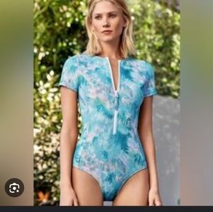 NWT Johnny Was Swim Calme Neoprene Turquoise Blue Tie Dye One Piece Swimsuit